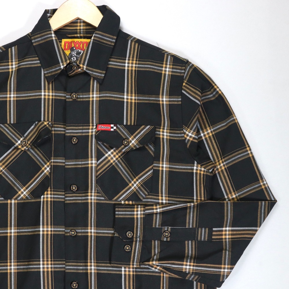 Dixxon Flannel Co Shirt Mens Large Black Gold Plaid Podium D-Tech Button Down L